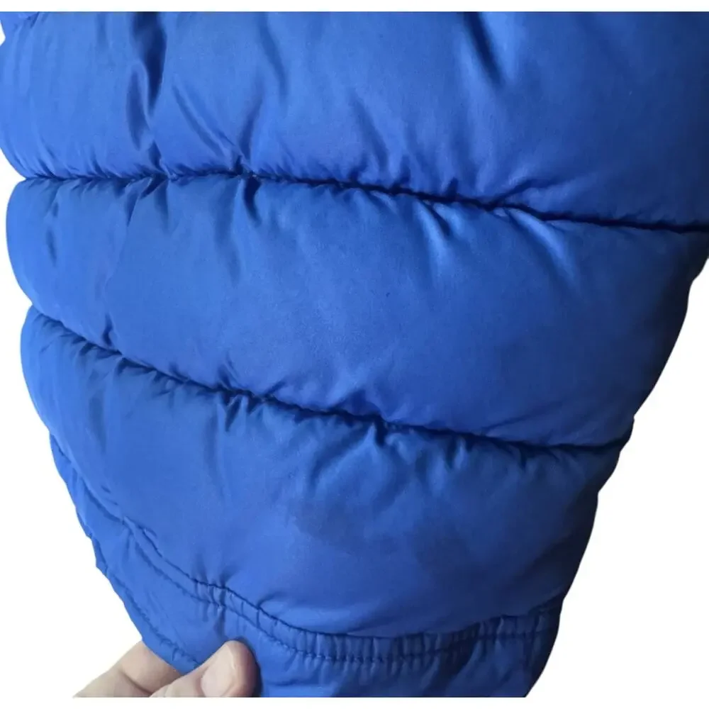 Y2K Old Navy Baby 12-18M Blue Puffer Vest Fur Trim Hood Moto Patch Winter Coat